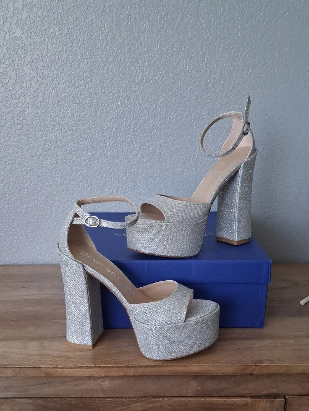 Stuart Weitzman Silver Glitter Platform Heels with Ankle Strap